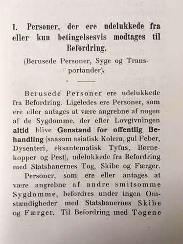 Dele af afsnittet om befordring af syge kan ses her. Det giver mulighed for at få et indtryk af reglerne for transport af syge omkring begyndelsen af 1900-tallet.